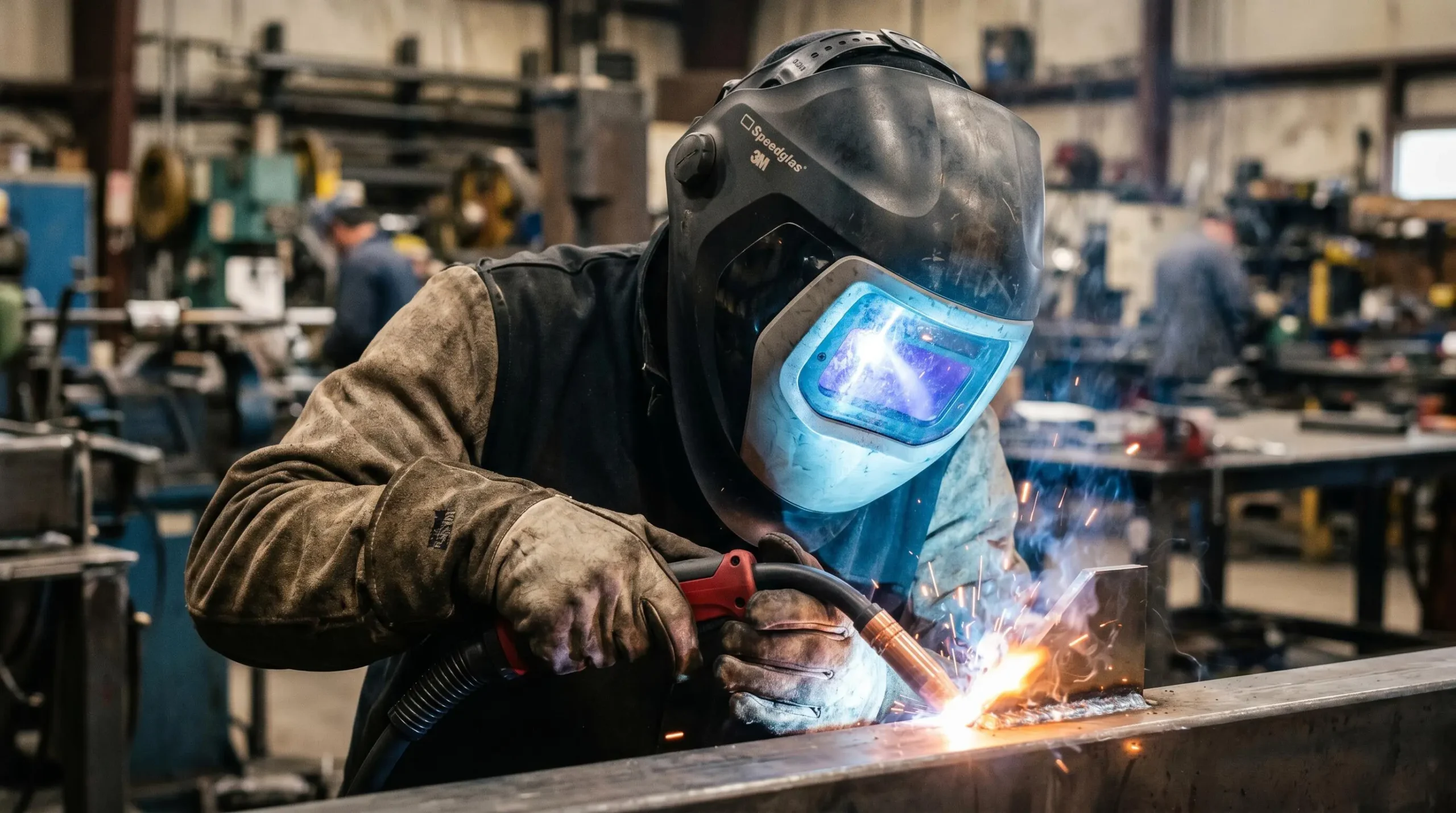Gros plan sur un masque de soudage à assombrissement automatique porté par un technicien lors d'une soudure MIG
