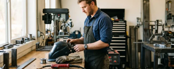 Technicien débutant en train d'inspecter son équipement de soudage dans un atelier bien rangé